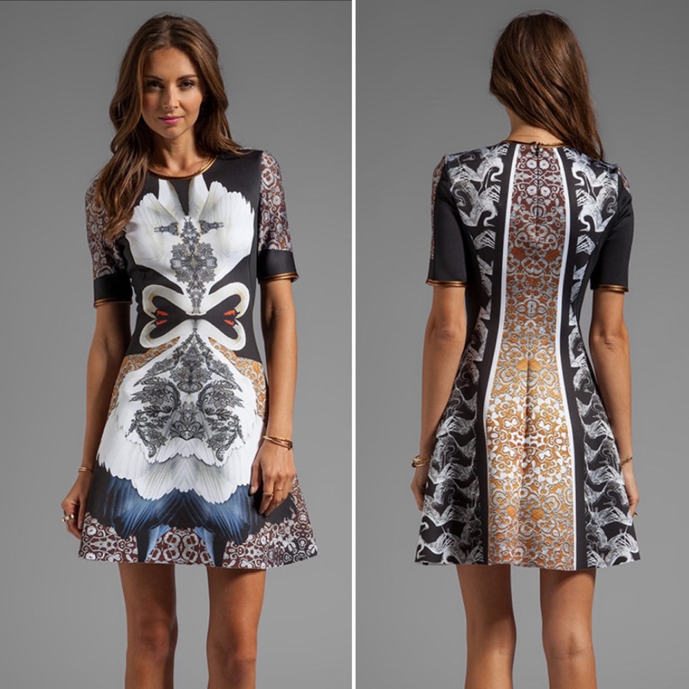 Clover Canyon Swan neoprene fit flare party dress